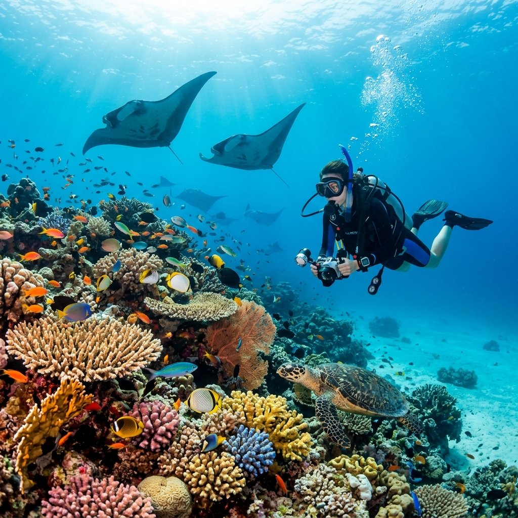 Scuba diving in Maldives coral reef