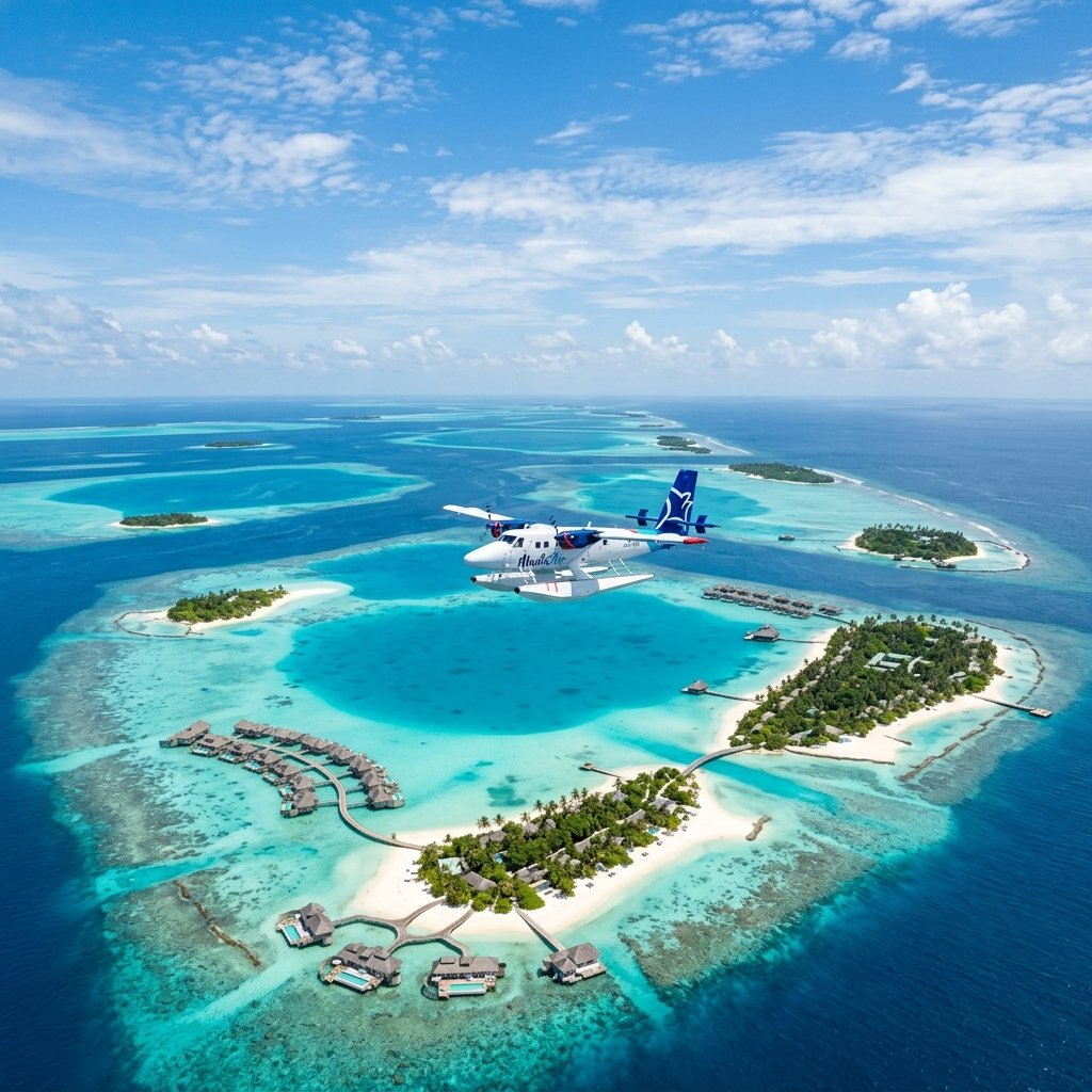Seaplane flying over Maldives atolls
